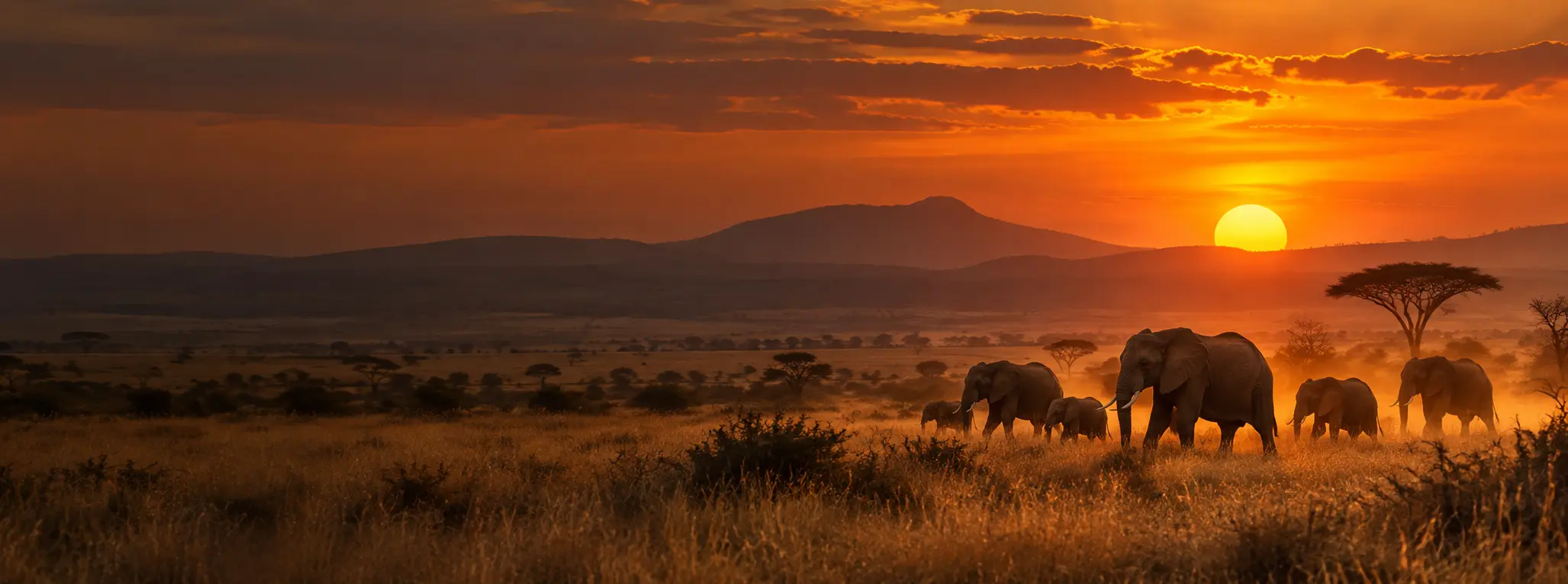 African elephant herd crossing the savannah at sunset